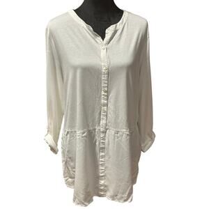 J Jill Henley  Mixed Media Top Roll Tab Sleeve White XL Casual Minimalist